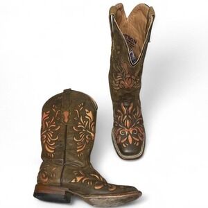 Brown leather Stetson cowboy boots with western cutout design